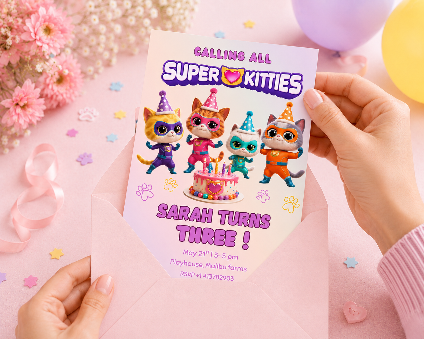 Super Kitties Birthday Invite Canva Template 5x7