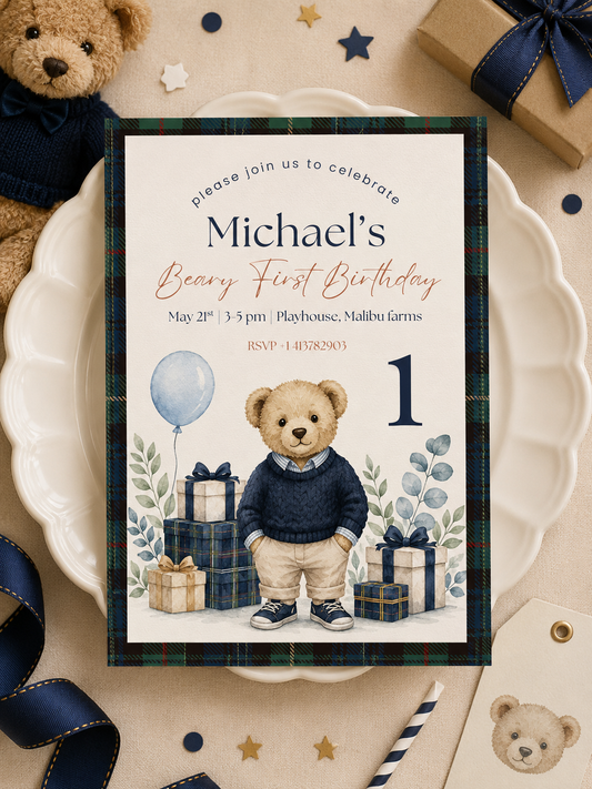 5x7 Beary First Birthday Party Invitation Canva Template