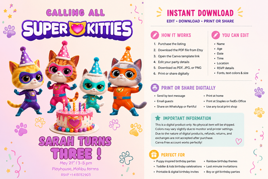 Super Kitties Birthday Invite Canva Template 5x7