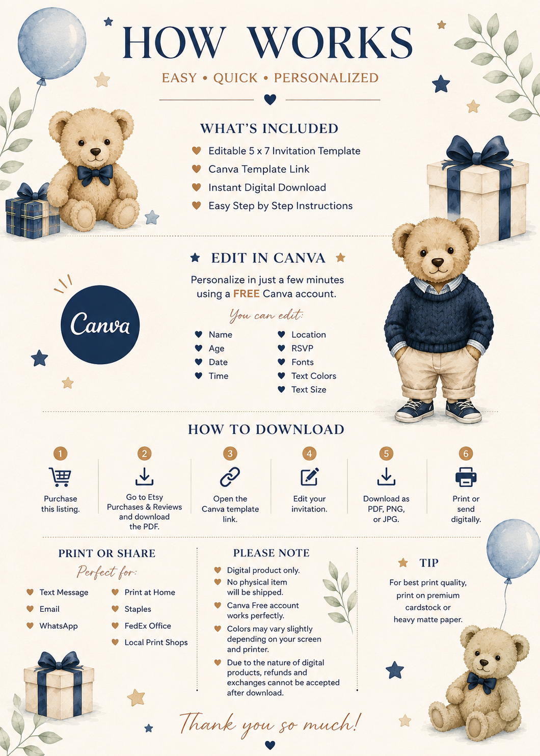 5x7 Beary First Birthday Party Invitation Canva Template