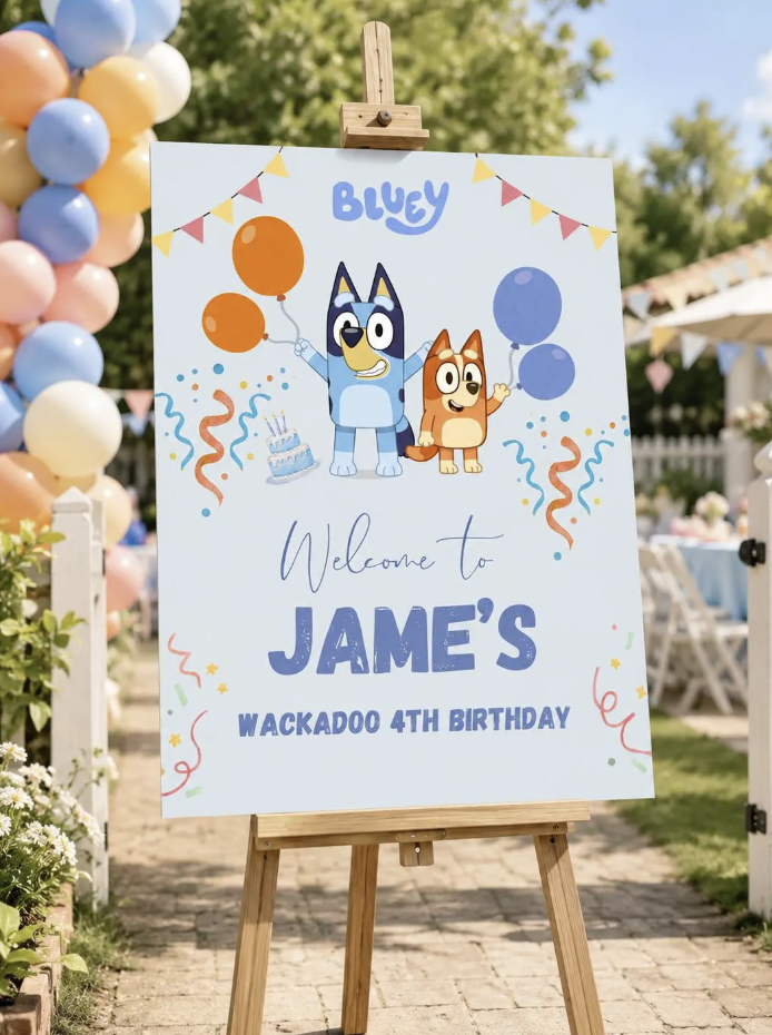 Blue Dog Party Bundle | Editable Canva Birthday Bundle | Invitation, Menu & Welcome Sign | Instant Download