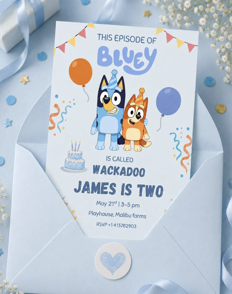 Blue Dog Party Bundle | Editable Canva Birthday Bundle | Invitation, Menu & Welcome Sign | Instant Download