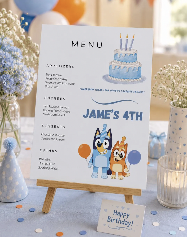 Blue Dog Party Bundle | Editable Canva Birthday Bundle | Invitation, Menu & Welcome Sign | Instant Download