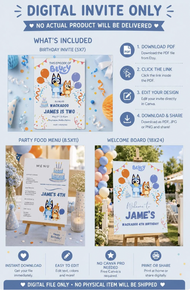 Blue Dog Party Bundle | Editable Canva Birthday Bundle | Invitation, Menu & Welcome Sign | Instant Download