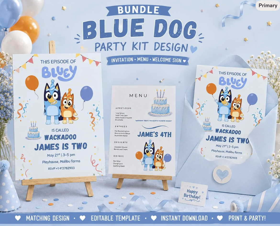 Blue Dog Party Bundle | Editable Canva Birthday Bundle | Invitation, Menu & Welcome Sign | Instant Download