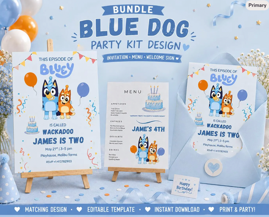 Blue Dog Party Bundle | Editable Canva Birthday Bundle | Invitation, Menu & Welcome Sign | Instant Download