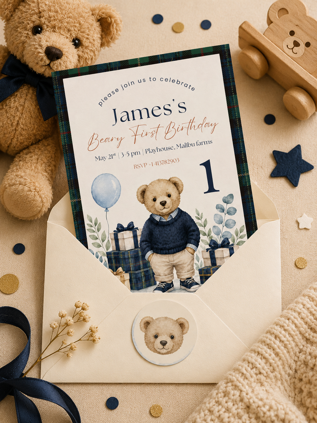 5x7 Beary First Birthday Party Invitation Canva Template