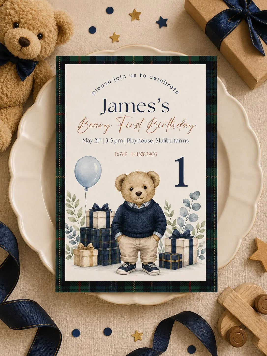 5x7 Beary First Birthday Party Invitation Canva Template