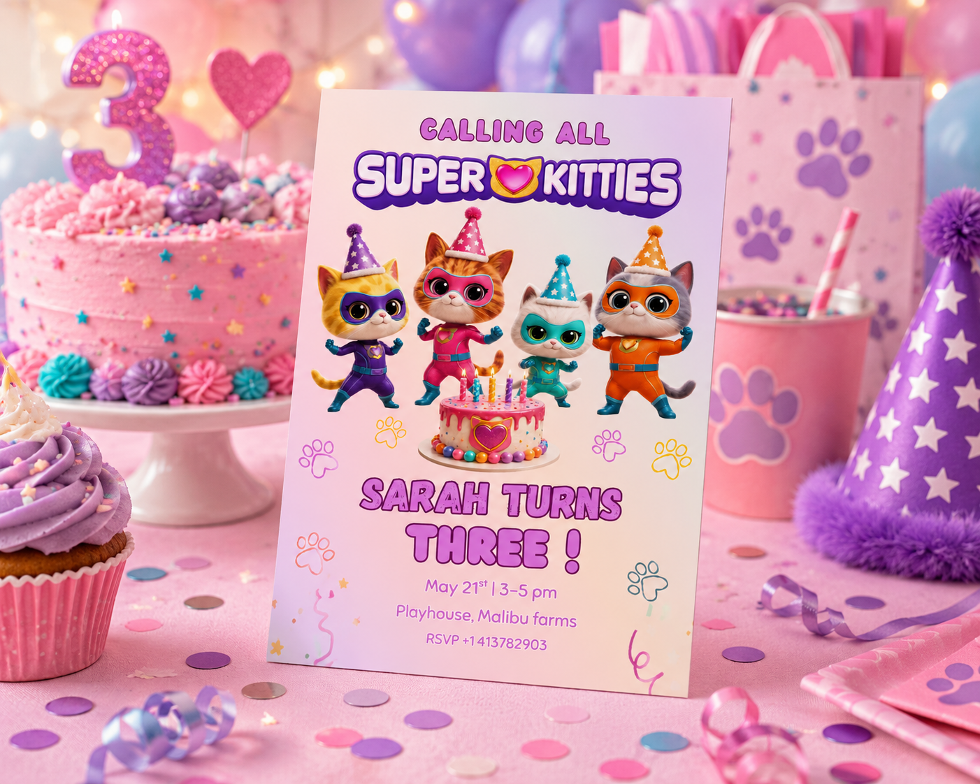 Super Kitties Birthday Invite Canva Template 5x7