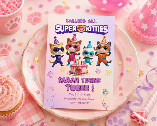 Super Kitties Birthday Invite Canva Template 5x7